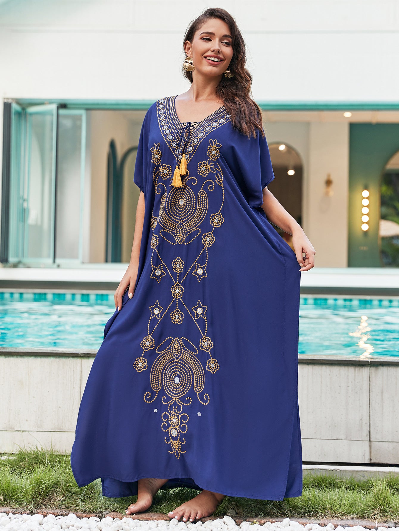 Rayon Embroidered Holiday Loose Maxi Dress Women Beach Jacket Maxi Dress Beach Cover Up