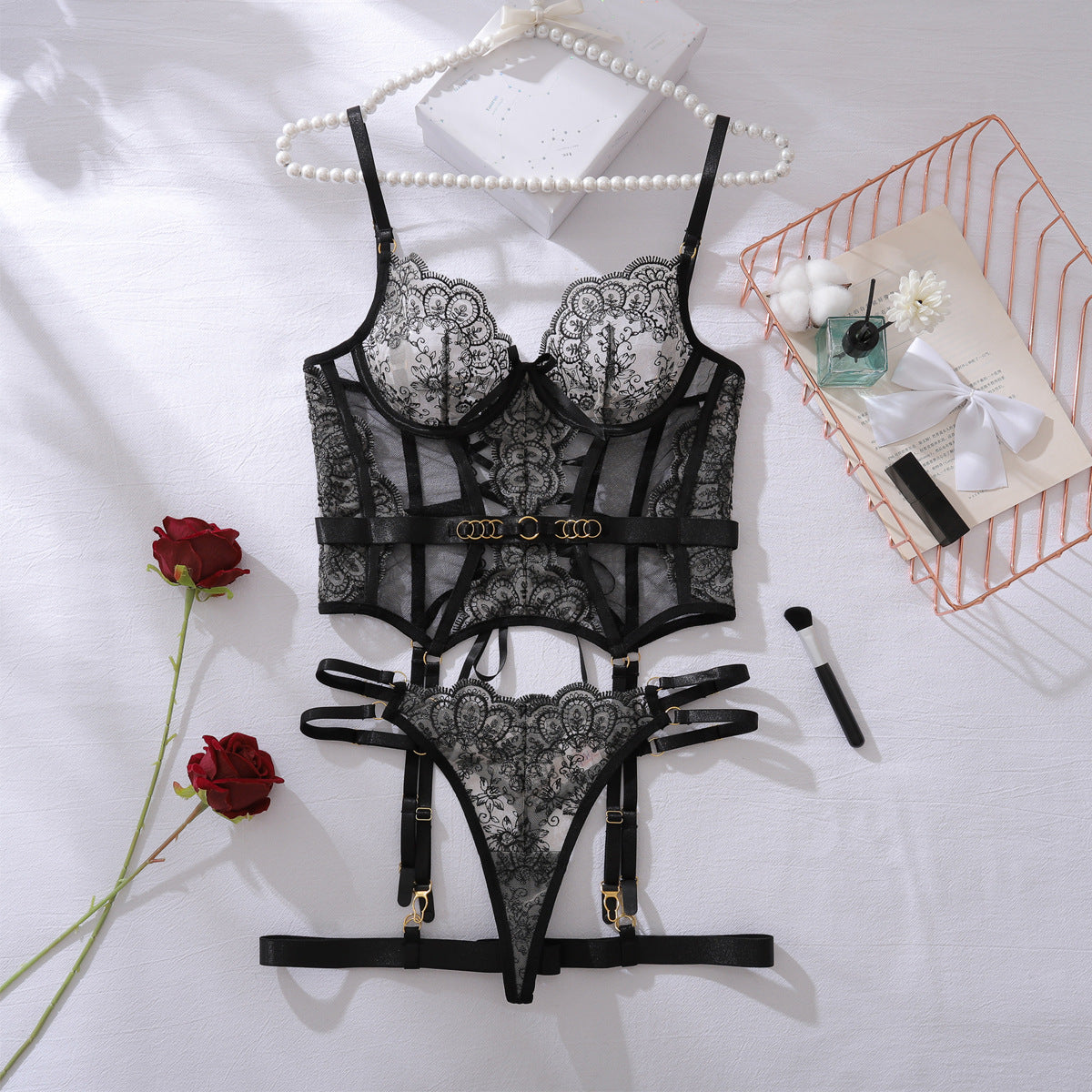 Red Embroidered Lace Set — Three Piece