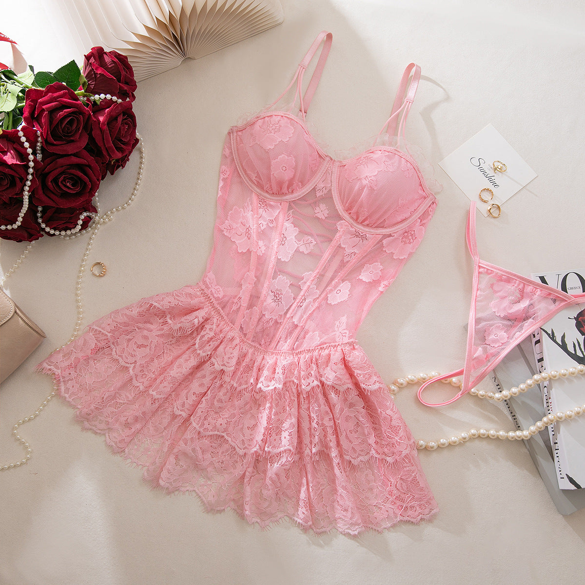 Pink Sexy Multi Layer Lace Plastic Bones Body Shaping Lace Strap Back Hollow Out Cutout out Dress