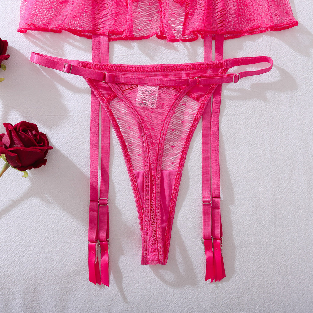 Pink Bow Rhinestone Lingerie Set — Three Piece