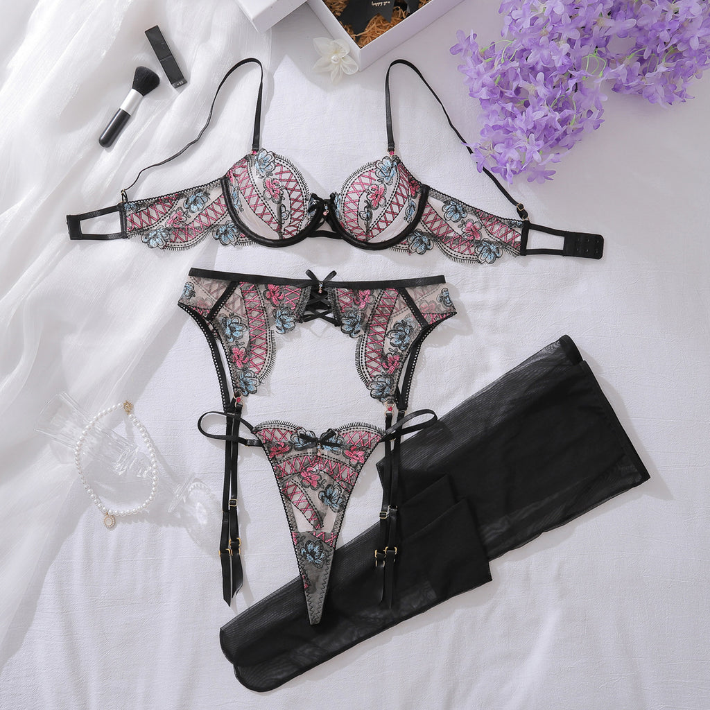 Contrast Mesh Embroidery Bra Set — Four Piece