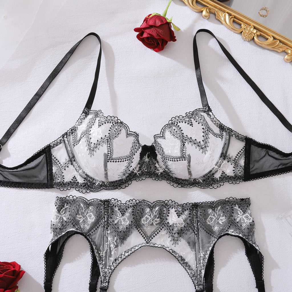 Love Contrast Color See through Embroidery Body Shaping Sexy Three Point Underwear Split Set