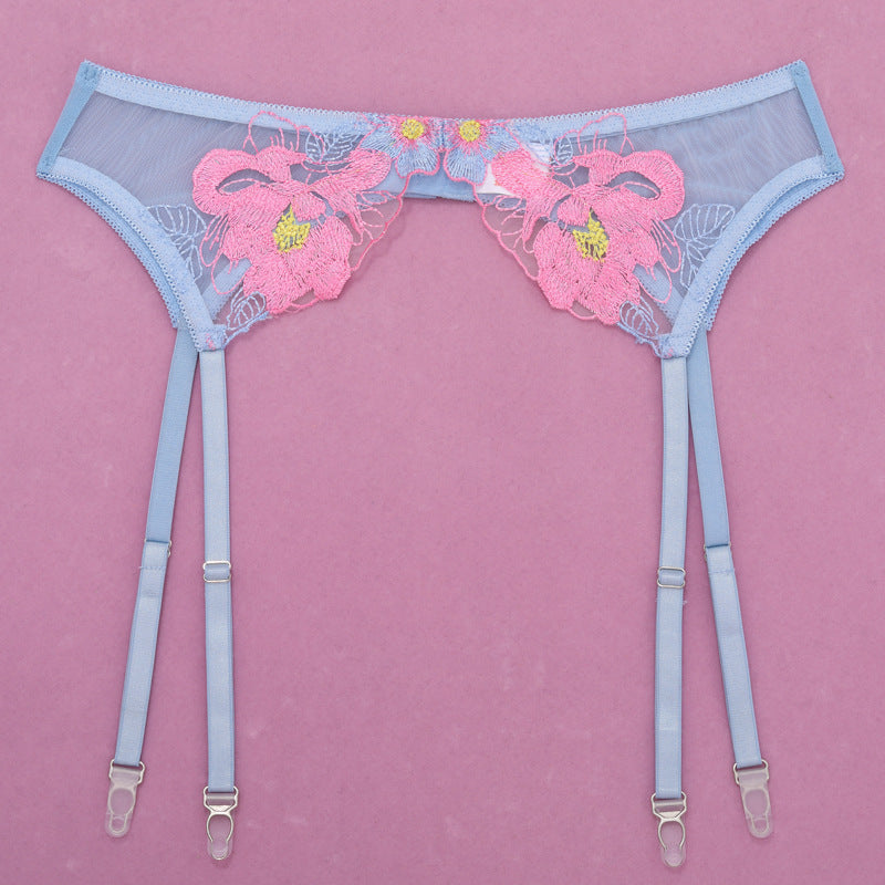 Sexy Three Point Embroidery Mesh See through Sexy Lingerie Four Piece Set