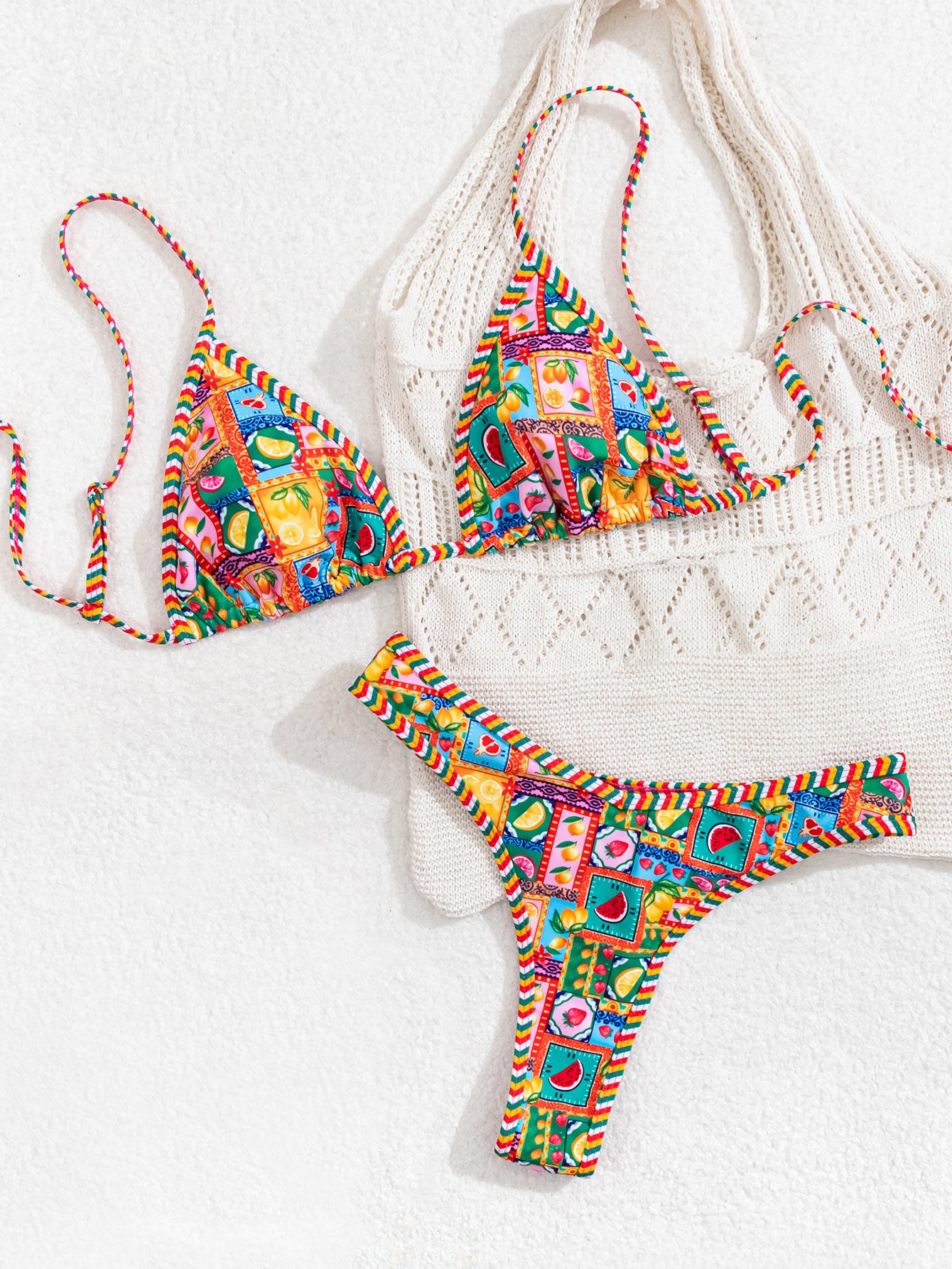 Women Bikini Printing Triangle Cup Lace up Sexy Split Bikini Swimwear Swimsuit