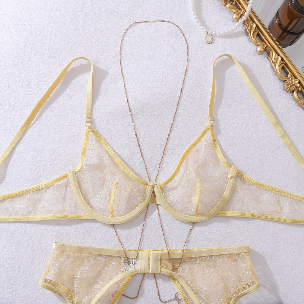 Complex Craft Metal Chain Decoration See through Lace Body Shaping Thin Sexy Underwear Split Set