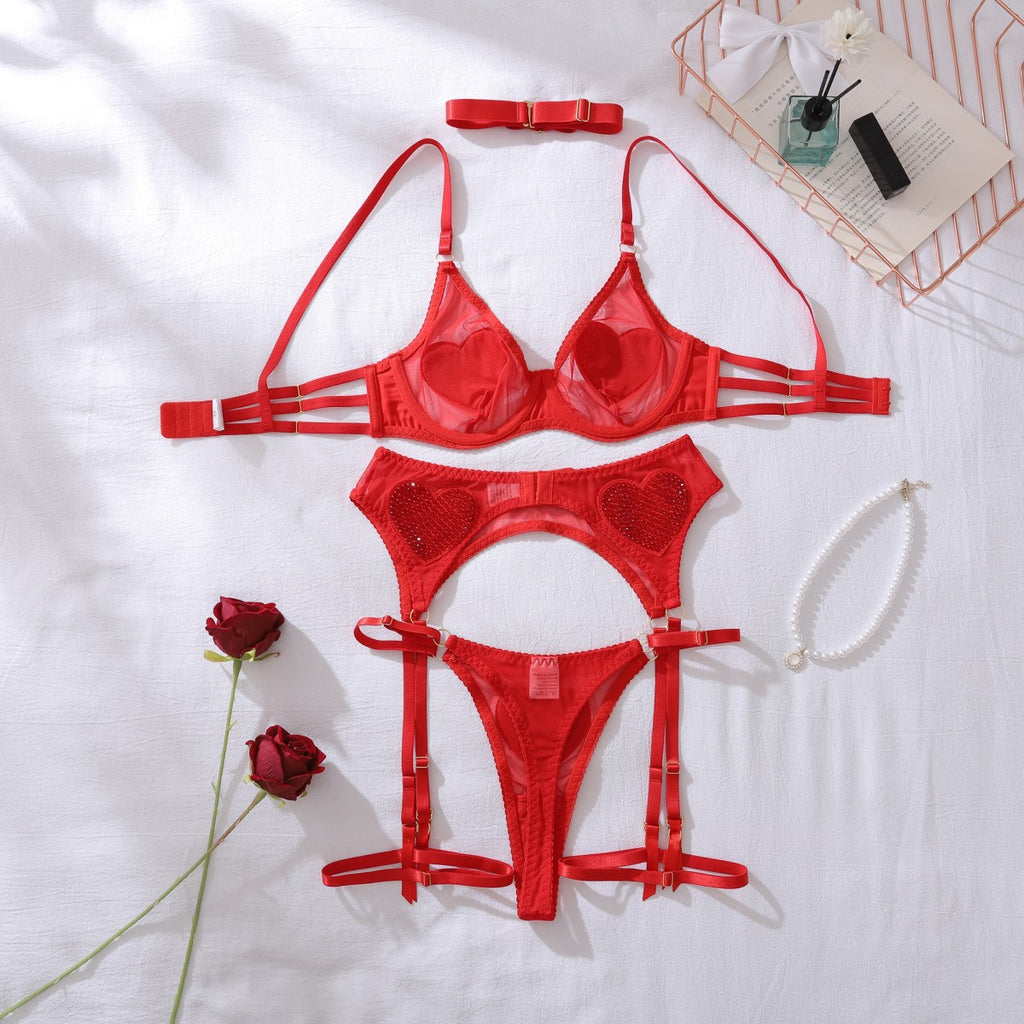 Heart Mesh Rhinestone Bra Set — Five Piece