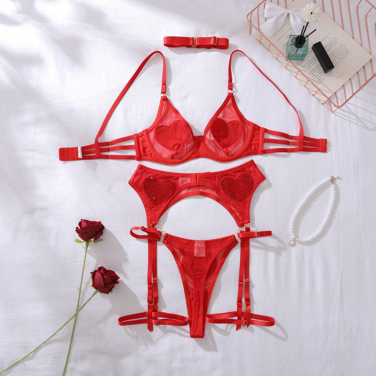 Heart Mesh Rhinestone Bra Set — Five Piece