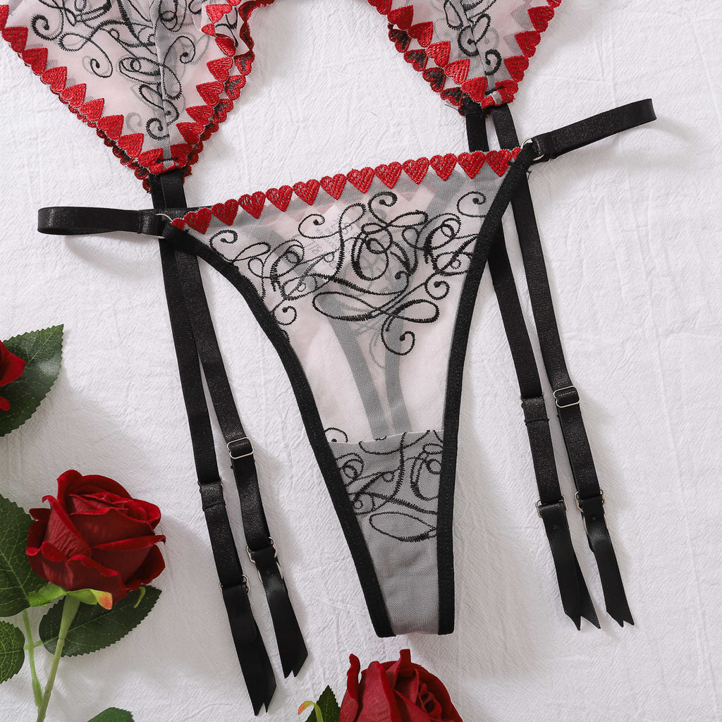 Sexy Push up Bra Set Contrast Color Matching See through Embroidery Sexy Lingerie Three Piece Set for Women