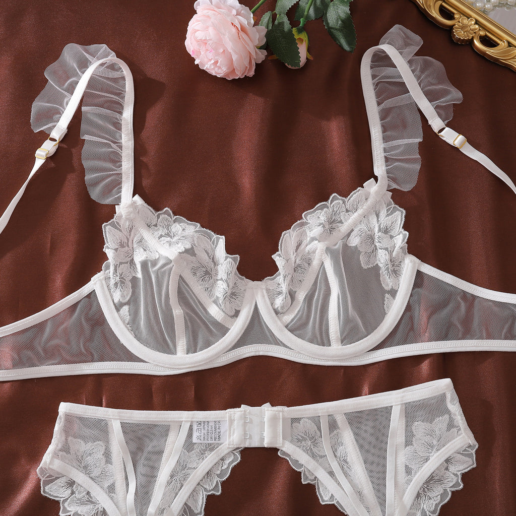 Light Lace Stitching See through Floral Embroidery Body Shaping Sexy Underwear Split Set