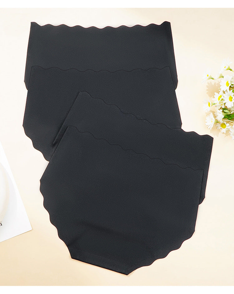 Solid Color Ice Silk Women Briefs Wave Edge Mid Waist Traceless Hip Lifting Girl Underwear