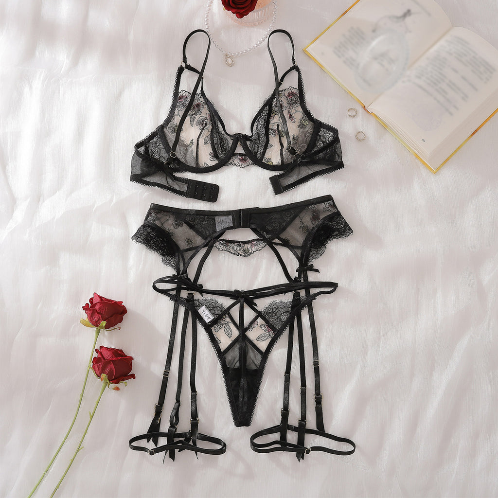 Heavy Craft Lotus Embroidery Steel Ring Push up Body Shaping Adjustable Sexy Underwear Split Set