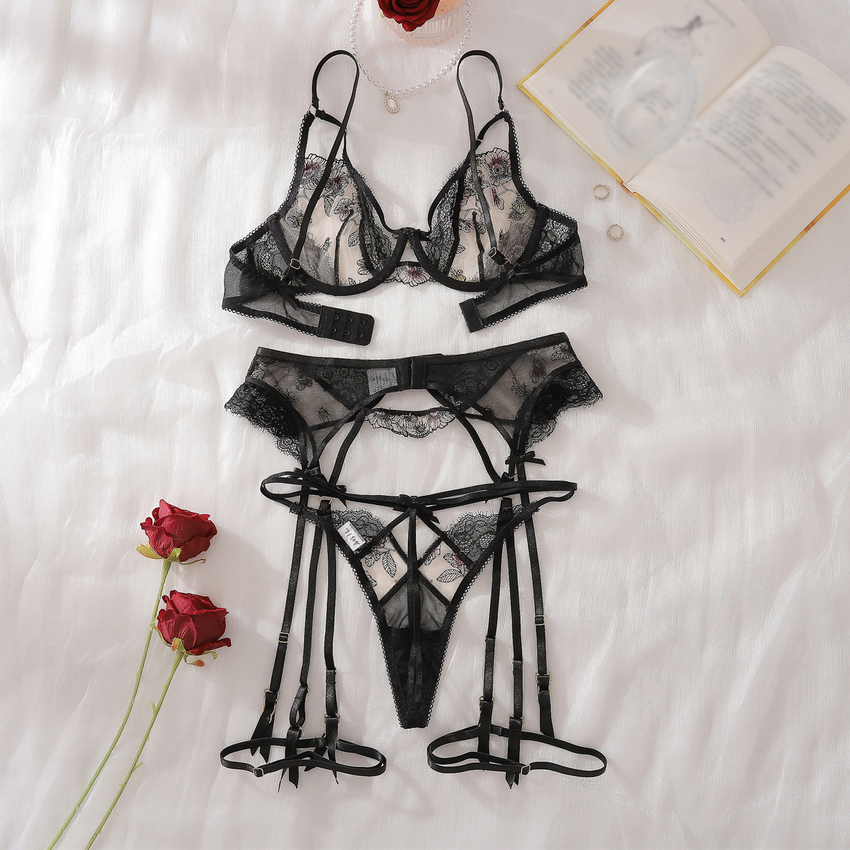 Heavy Craft Lotus Embroidery Steel Ring Push up Body Shaping Adjustable Sexy Underwear Split Set