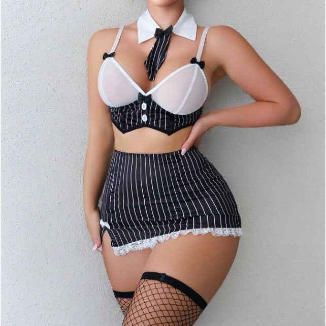Supply Sexy Striped Bow Ultra Short Secretary Uniform Sexy Lingerie