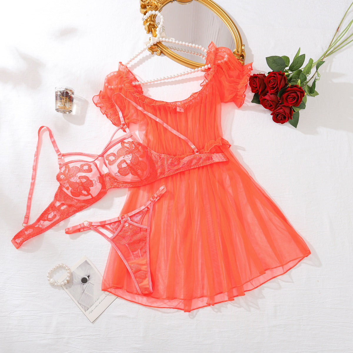 Sexy Mesh Nightdress Sexy Big Skirt See through Underwear Underwear Three Piece Set