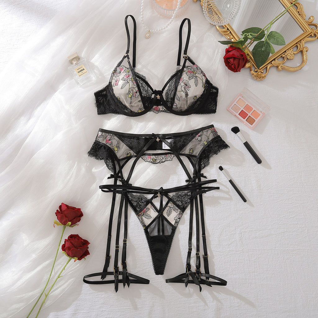 Heavy Craft Lotus Embroidery Steel Ring Push up Body Shaping Adjustable Sexy Underwear Split Set