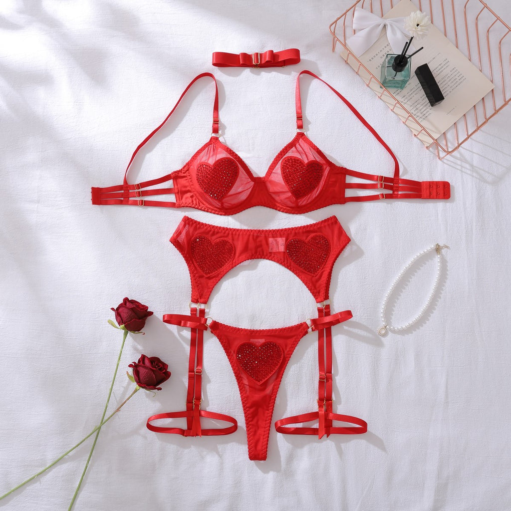 Heart Mesh Rhinestone Bra Set — Five Piece