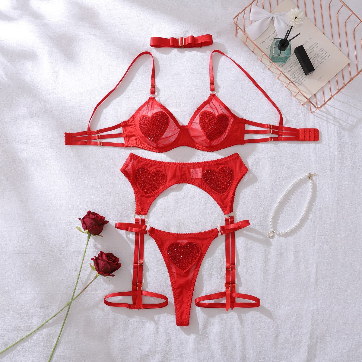 Heart Mesh Rhinestone Bra Set — Five Piece