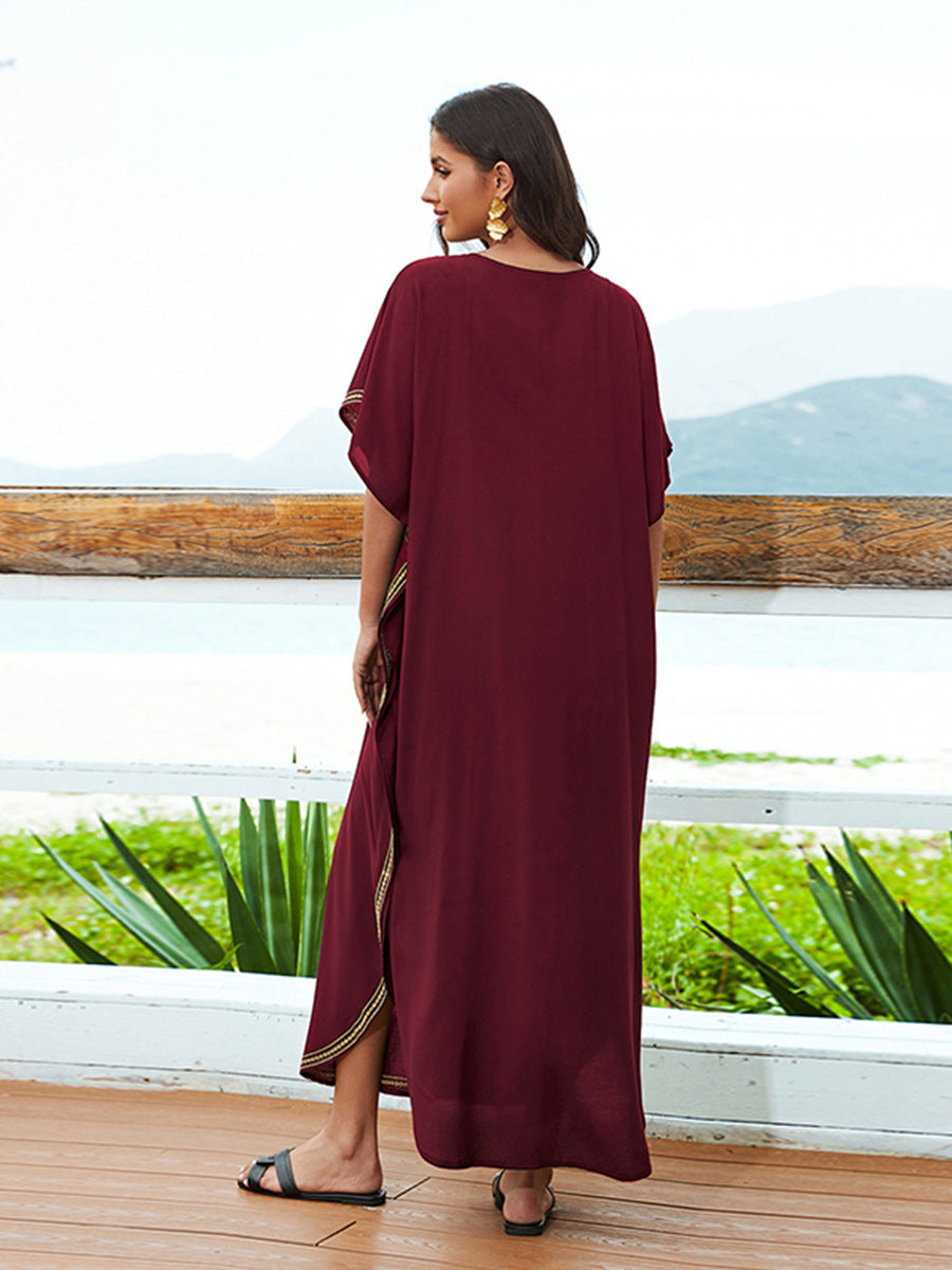 Cotton Embroidered Casual Vacation Loose Maxi Dress Beach Jacket Women Maxi Dress Beach Cover Up