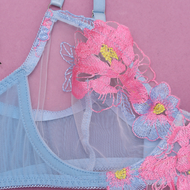 Sexy Three Point Embroidery Mesh See through Sexy Lingerie Four Piece Set