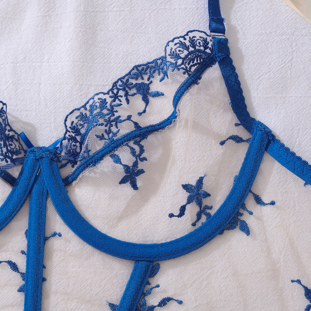 Bowknot Decorative Blue Floral Embroidery Cinched Waist Slim Fit Sexy Split Underwear Set