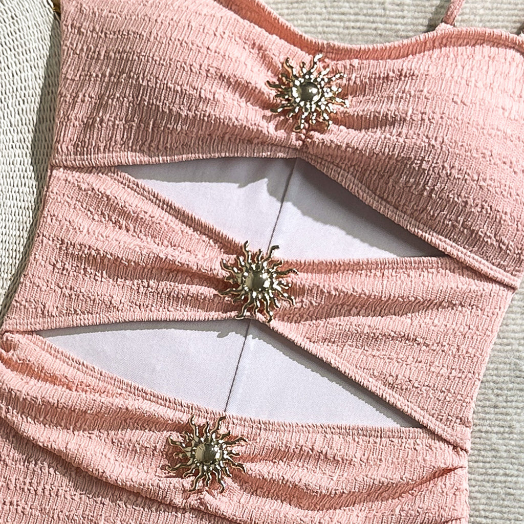 Sexy Solid Color One Piece Metal Accessories One Piece Swimsuit Women Slim Thin Swimsuit