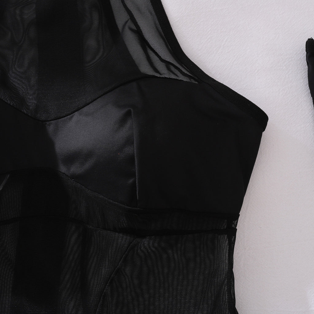 Fashionable Women Clothing Sheer Mesh Jumpsuit Body Shaping Sexy Three Piece Sets Matching Gloves