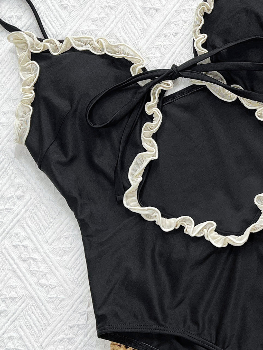 Bikini White Coffee Contrast Color Hollow Out Cutout Strap One Piece Swimsuit