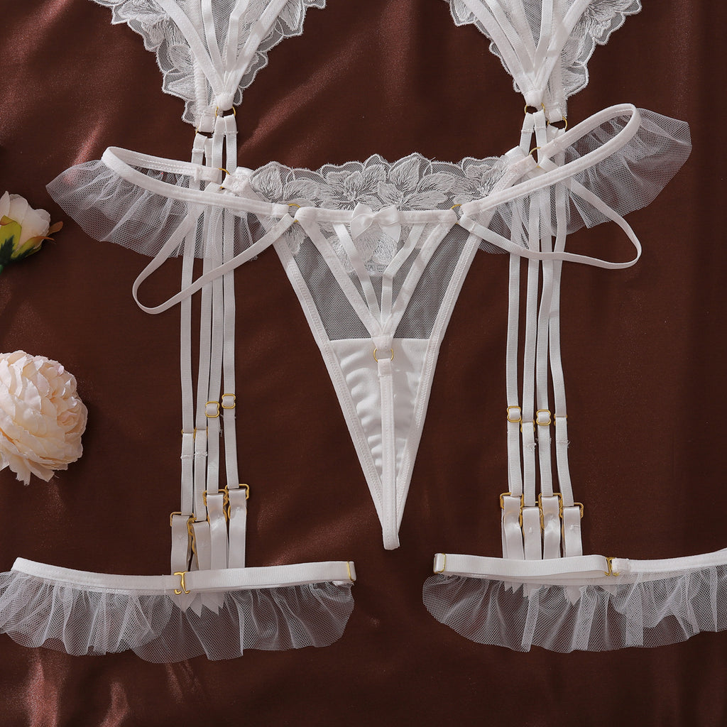 Light Lace Stitching See through Floral Embroidery Body Shaping Sexy Underwear Split Set