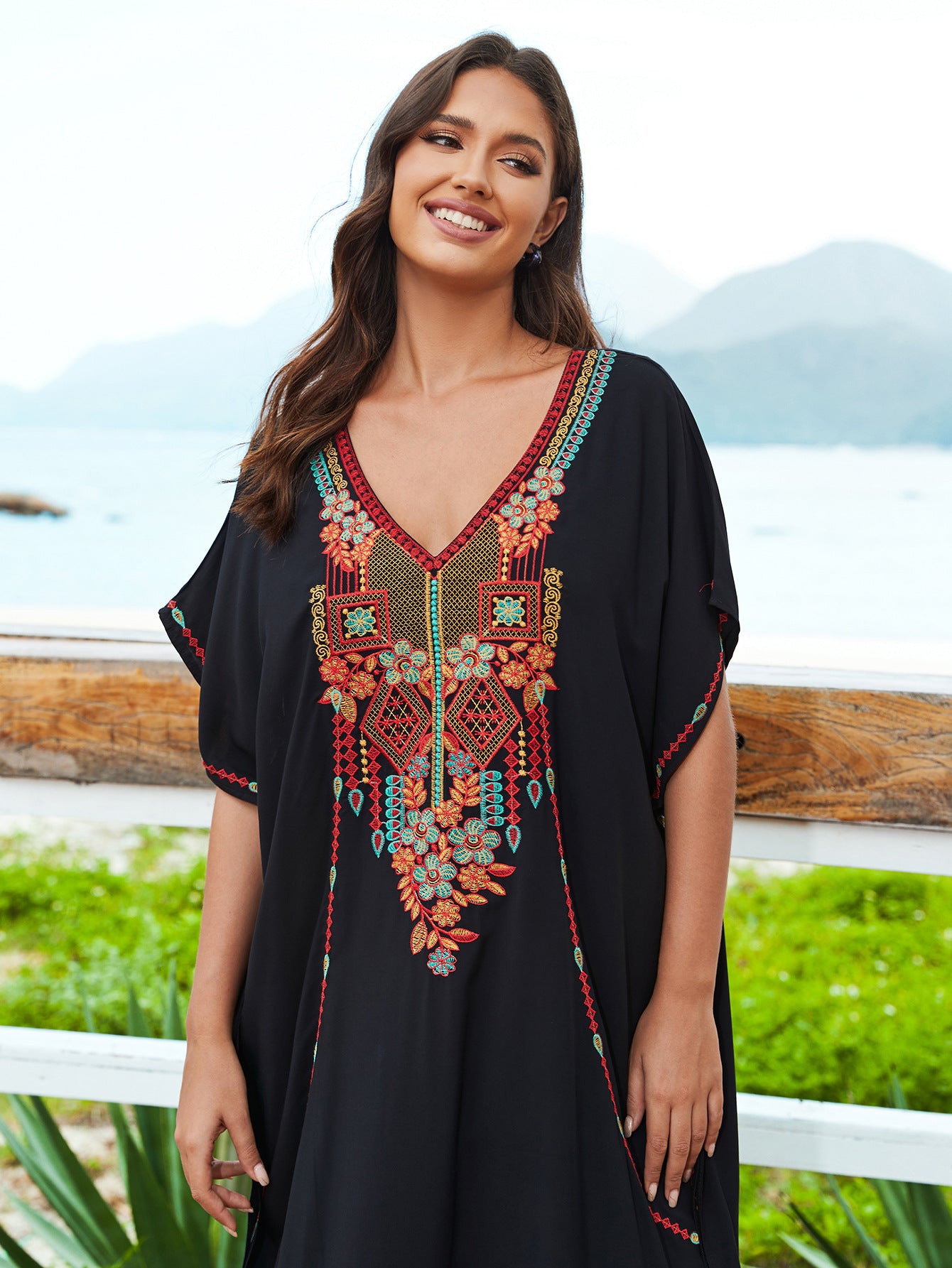 Casual Vacation Loose Maxi Dress Beach Cover up Embroidered Dress Bikini Swimsuit Outwear