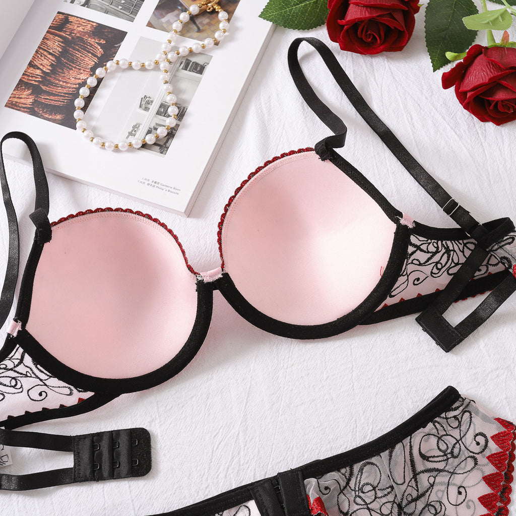Sexy Push up Bra Set Contrast Color Matching See through Embroidery Sexy Lingerie Three Piece Set for Women