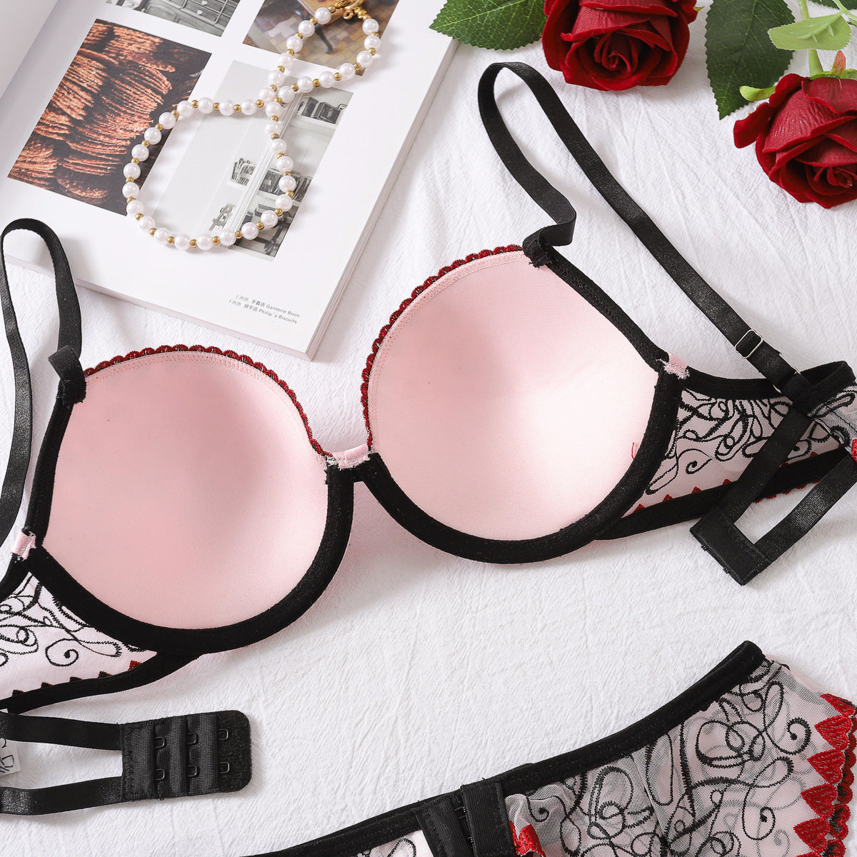 Sexy Push up Bra Set Contrast Color Matching See through Embroidery Sexy Lingerie Three Piece Set for Women
