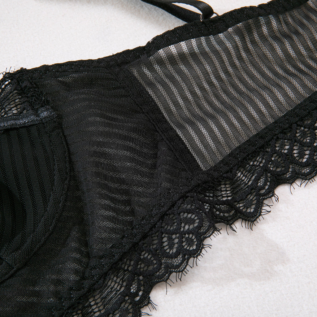 Sexy Deep V Plunge neck Strap French Lace Ribbon Steel Ring Base Bra