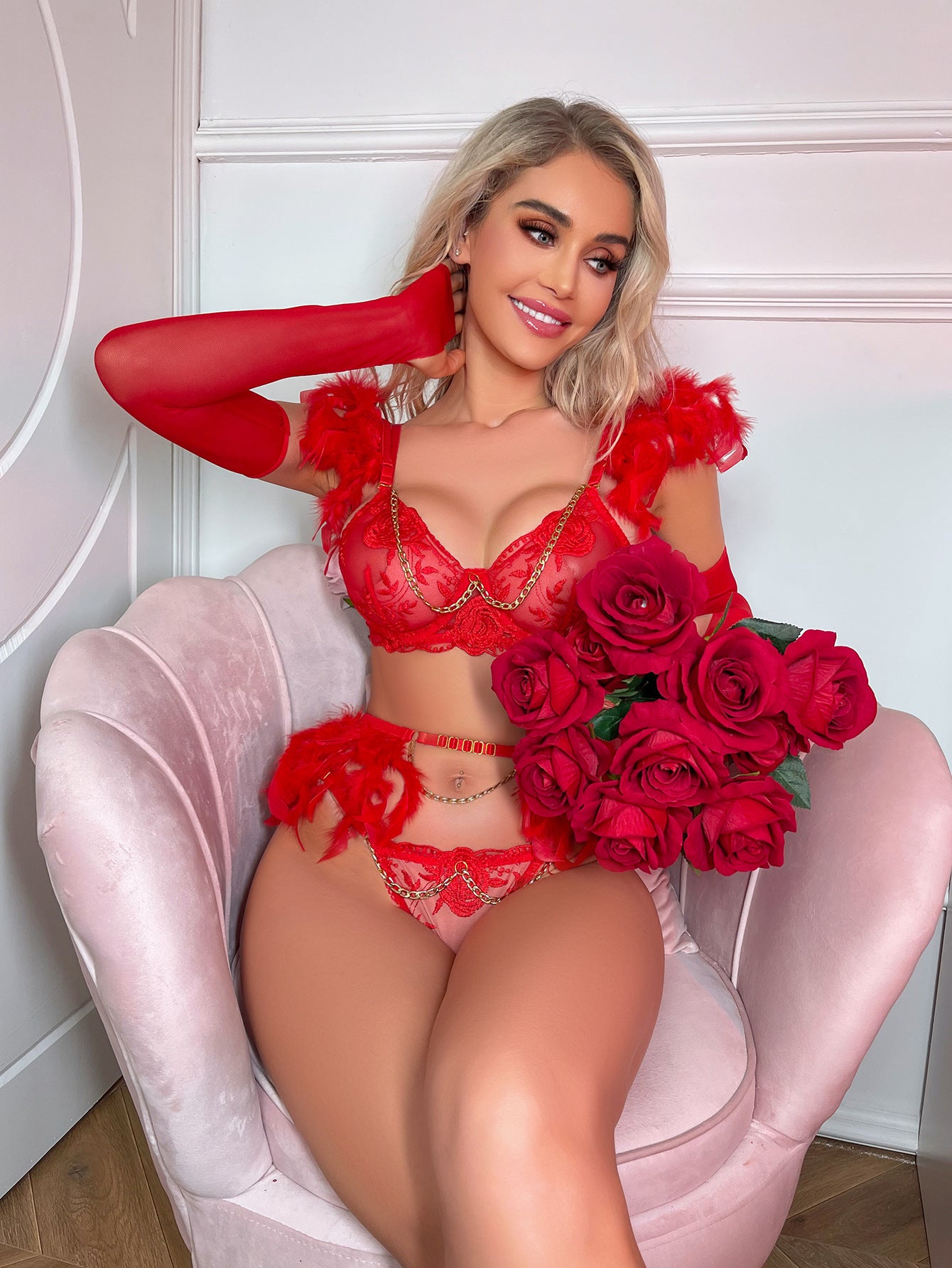 Valentine Day Complex Feather Craft Chain Sexy Embroidery Underwear Five Piece Set
