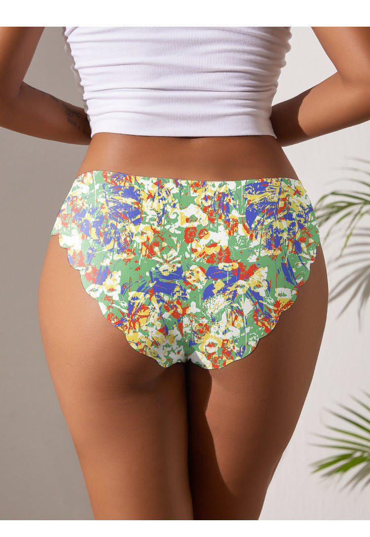 Wave Edge Seamless Underwear Women Plant Print One Piece Low Waist