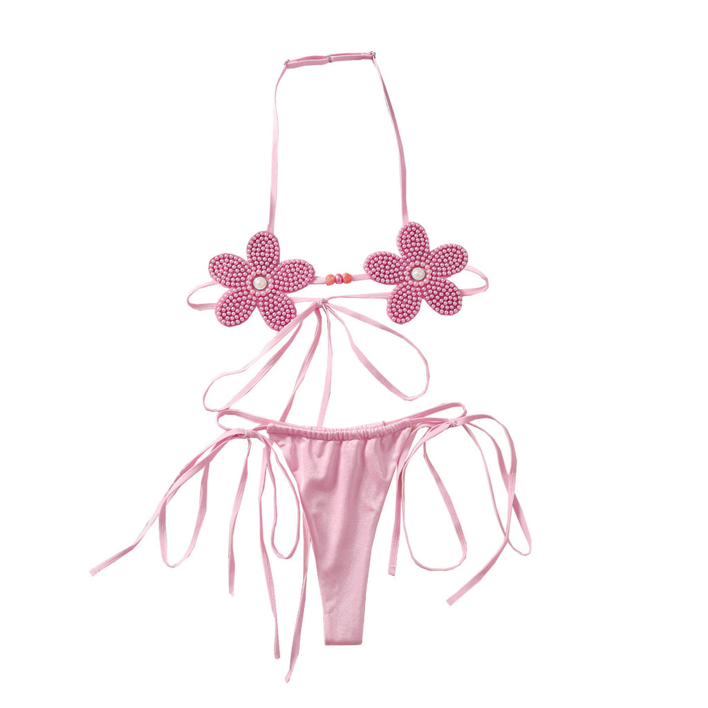 Three Dimensional Cute Floral Girl Sexy Halter Sexy Lace up Backless Bra Underwear Two Piece Set