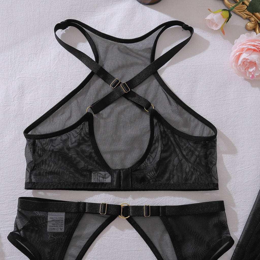 Sheer Mesh Halter Sexy Underwear Slim Shaping Split Set with Leggings