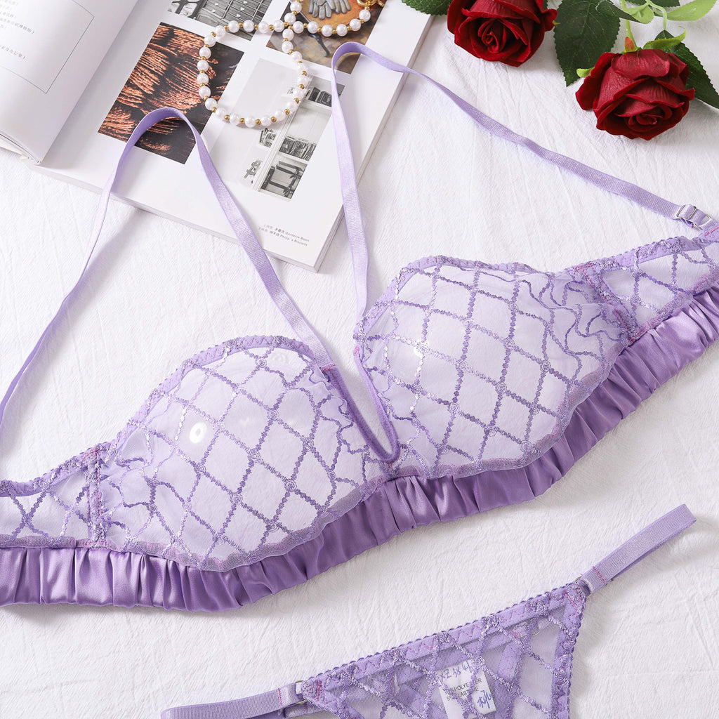 French Sexy Purple Lace Thin Bra Set Mesh See through Shapewear Underwear Two Piece Set