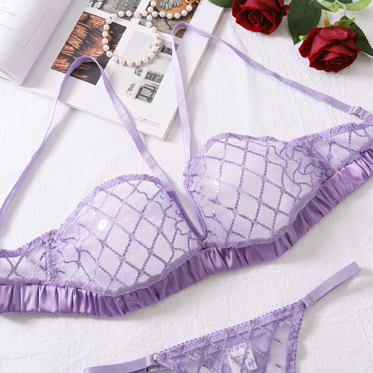 French Sexy Purple Lace Thin Bra Set Mesh See through Shapewear Underwear Two Piece Set