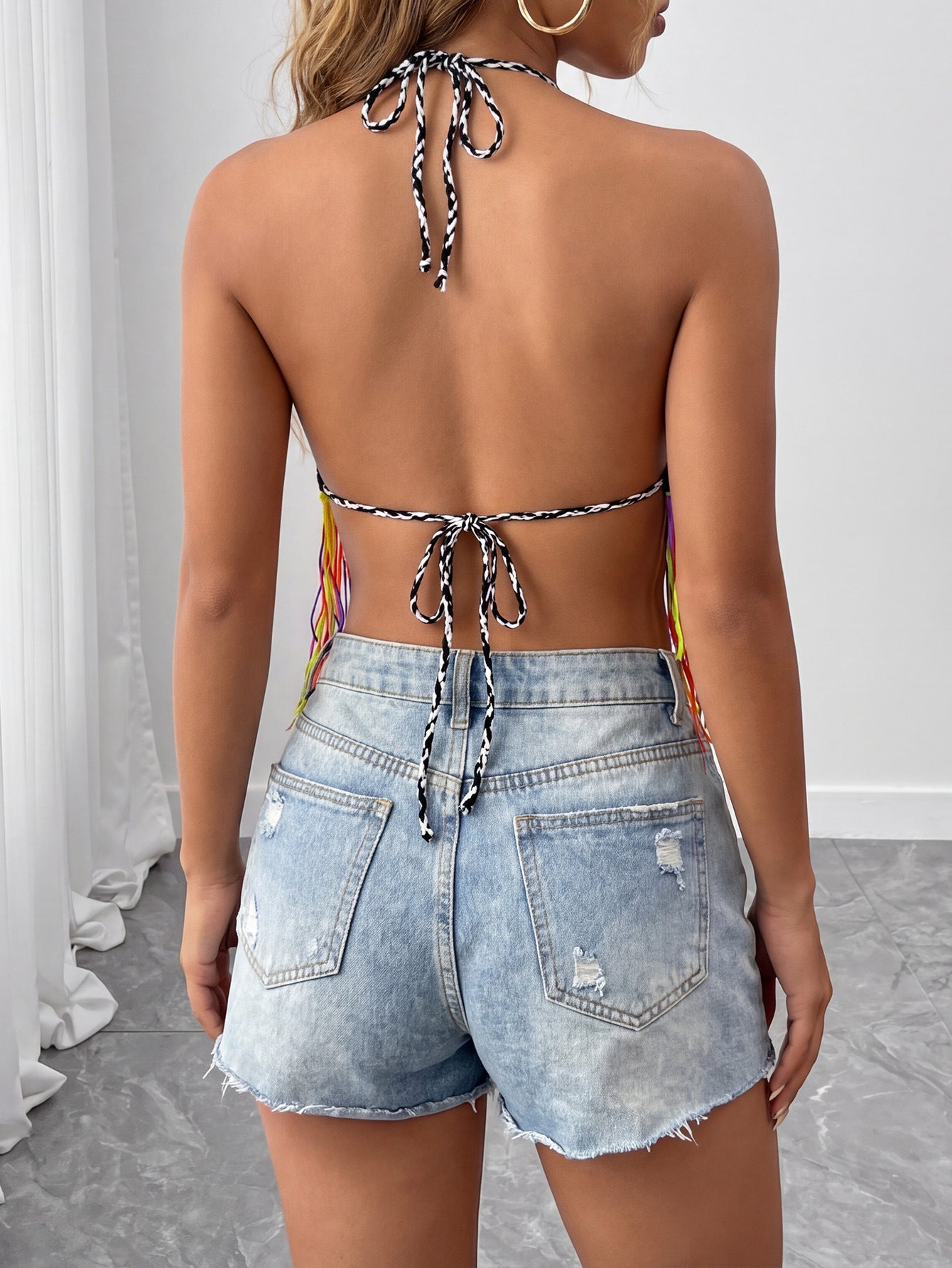 Women Clothing Random Mixed Color Stitching Tassel Pure Hand Crocheting Bandage Beach Bikini Top