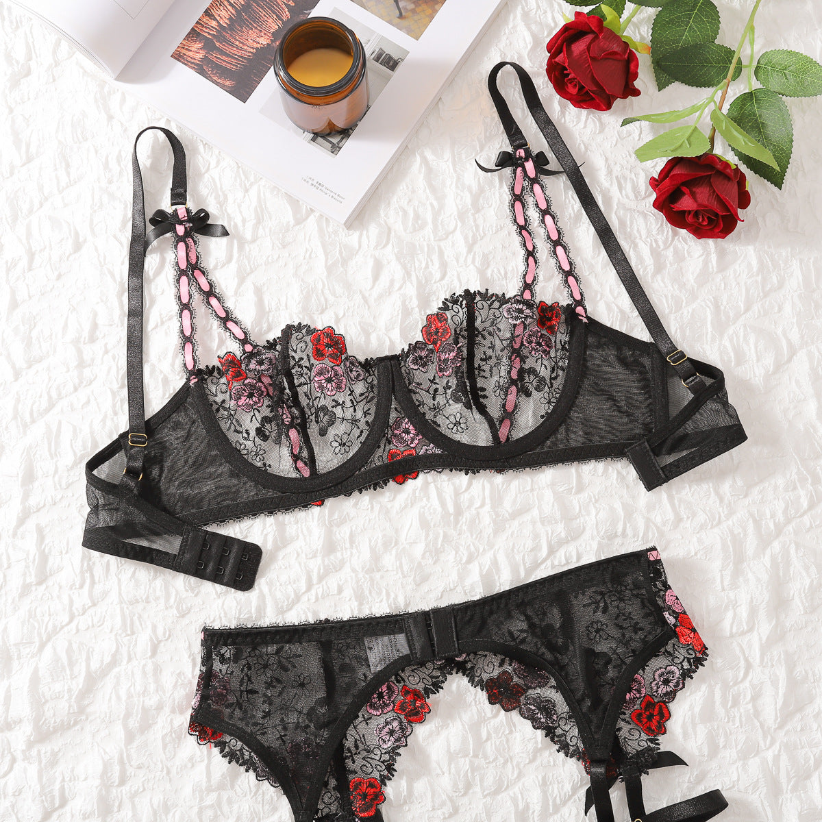 Fall Women Clothing Embroidered Floral Gathered Sexy Underwear Uniform Set