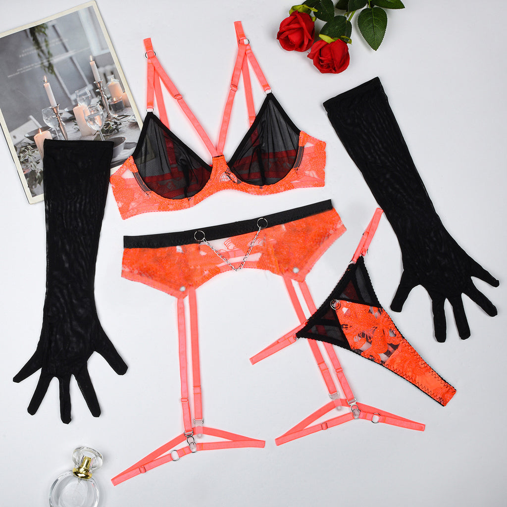 Sexy Contrast Color Embroidery Sexy Underwear Gloves Five Piece Set