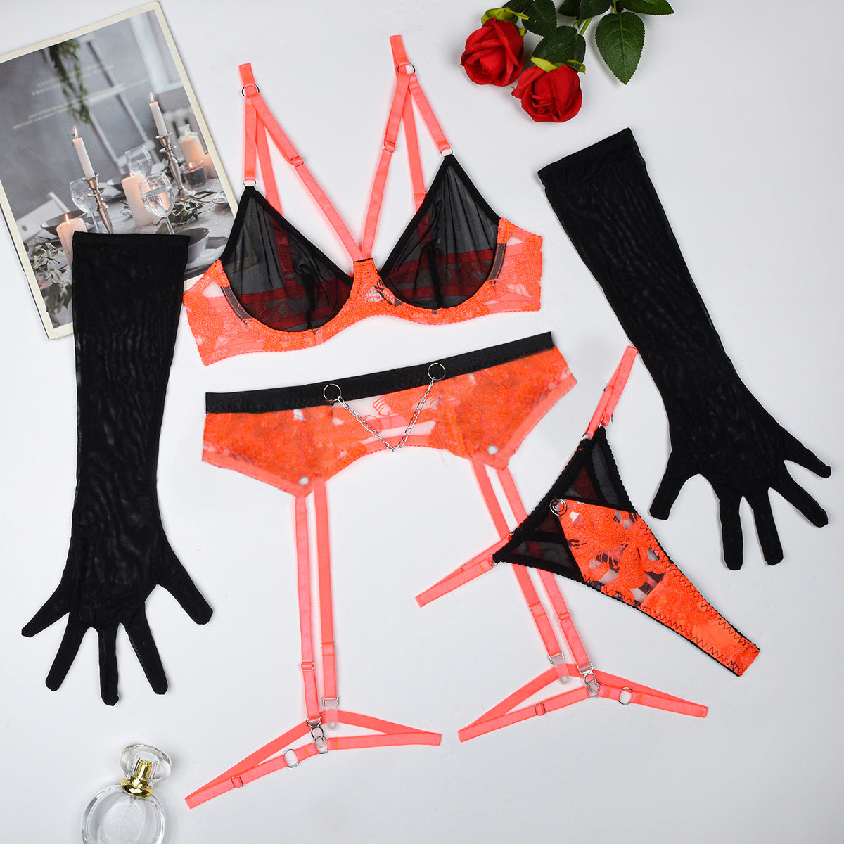 Sexy Contrast Color Embroidery Sexy Underwear Gloves Five Piece Set