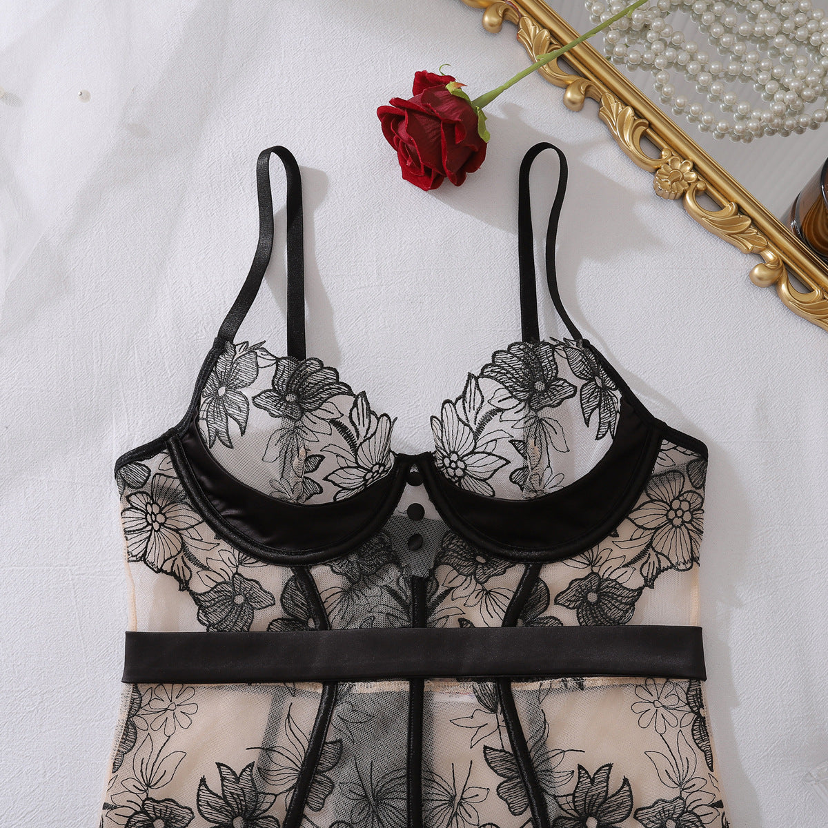 Embroidery See through Stitching Body Shaping Steel Ring Push up Sexy Split Set