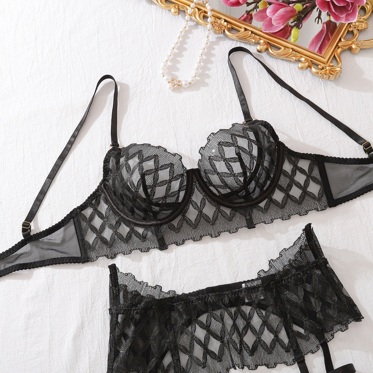 Sexy Lace Bra Mesh See through Shaping Slim Sexy Lingerie Underwear Four Piece Set
