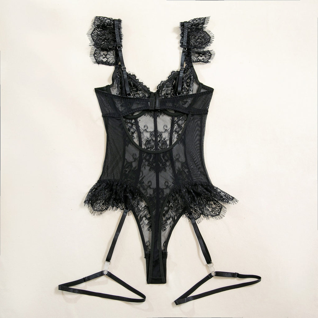 Eyelash Lace Sexy Women Clothing Floral See through Sexy Lingerie Jumpsuit