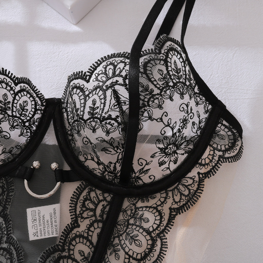 Eyelash Lace Embroidery See through Stitching Mesh Push up Thin Sexy Bodybuilding Two Piece Set