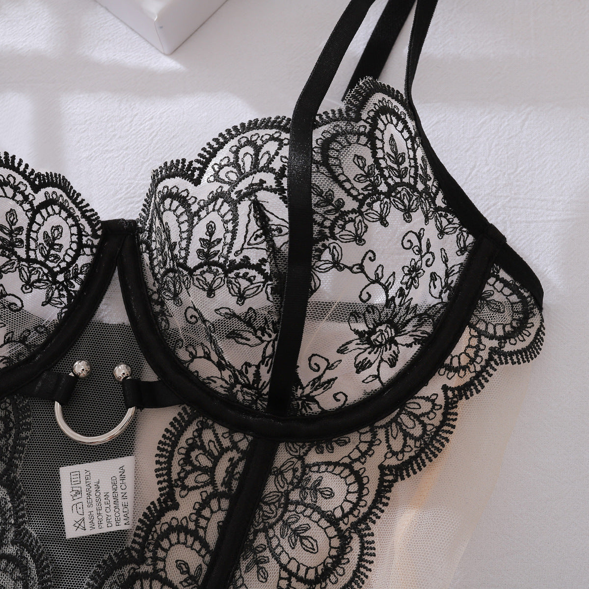 Eyelash Lace Embroidery See through Stitching Mesh Push up Thin Sexy Bodybuilding Two Piece Set