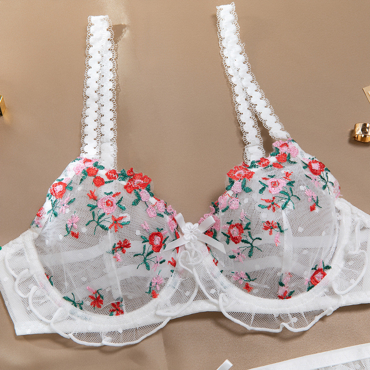 Women Clothing Sexy Lingerie Small Broken Floral Embroidery Mesh Dot Pleated Lace Four Piece Set