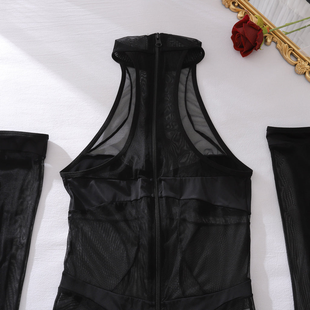 Fashionable Women Clothing Sheer Mesh Jumpsuit Body Shaping Sexy Three Piece Sets Matching Gloves