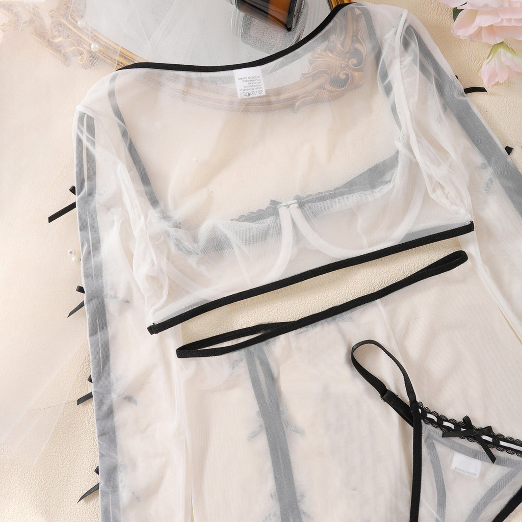 Mesh Contrast Color Sexy Bow Lace up Long Sleeve Halter Underwear See through Hip Skirt Sexy Three Piece Set